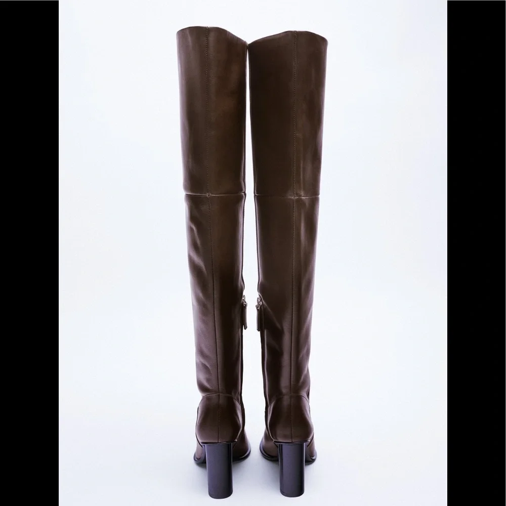 NWT ZARA Heeled Leather Over The Knee Boots Chocolate Brown 9/40 Blogger’s Fav